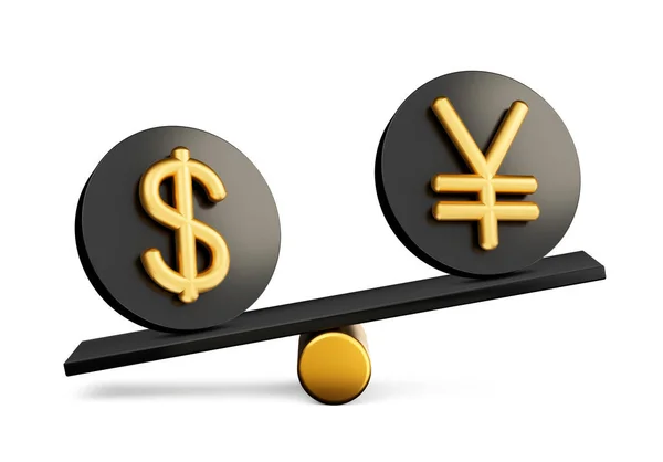 Golden Dollar Yen Symbol Rounded Black Icons Balance Weight Seesaw — Stock Photo, Image