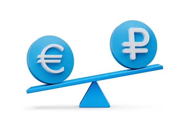 Білий Euro Ruble Символ Округлених Синіх Піктограм Баланс Вага Seesaw — стокове фото