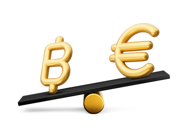 Golden Baht Euro Symbool Pictogrammen Met Black Balance Weight Seesaw — Stockfoto