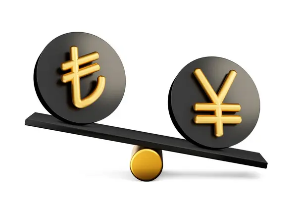Gyllene Lira Och Yen Symbol Rundade Svarta Ikoner Med Balans — Stockfoto