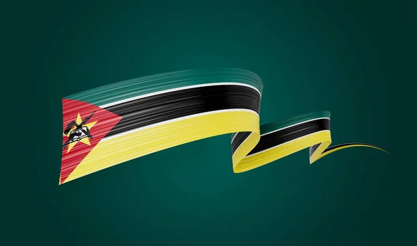 3D莫桑比克国旗3D Wavy Shiny Mozambique Ribbon Isolated Green Background Illustration — 图库照片