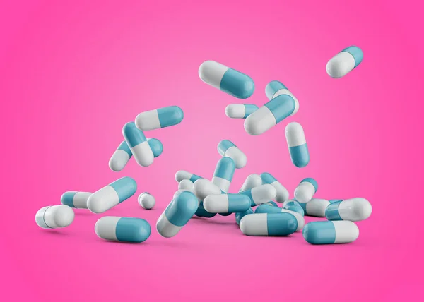 Μπλε Και Άσπρες Φαρμακευτικές Αντιβιοτικές Κάψουλες Που Πέφτουν Μαλακό Ροζ — Φωτογραφία Αρχείου