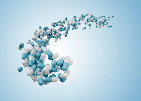 Cápsulas Antibióticas Farmacéuticas Azules Blancas Que Fluyen Aire Ilustración — Foto de Stock