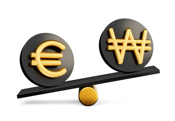 Golden Euro Won Symbol Rounded Black Icons Balance Weight Seesaw — Stock Photo, Image