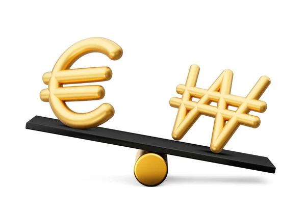 Golden Euro Won Symbool Pictogrammen Met Black Balance Weight Seesaw — Stockfoto