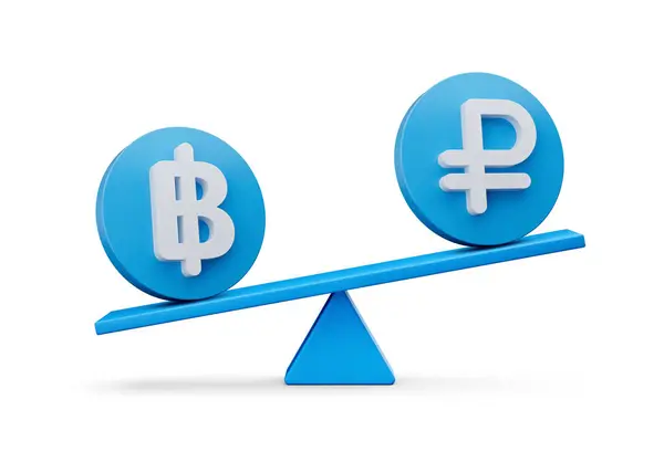 White Baht Ruble Symbol Rounded Blue Icons Balance Weight Seesaw — 스톡 사진