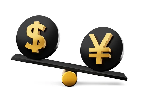 Gyllene Dollar Och Yen Symbol Rundade Svarta Ikoner Med Balans — Stockfoto