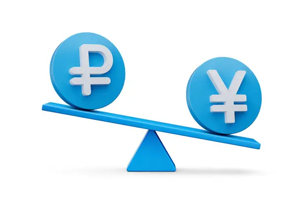 White Ruble Yen Symbol Rounded Blue Icons Balance Weight Seesaw — 스톡 사진