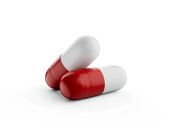 Duas Cápsulas Farmacêuticas Sobrepostas Vermelhas Brancas Fundo Branco Ilustração — Fotografia de Stock
