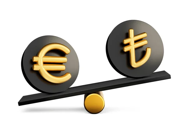 Altın Euro Lira Sembolü Yuvarlak Siyah Simgeler Üzerinde Denge Ağırlığı — Stok fotoğraf