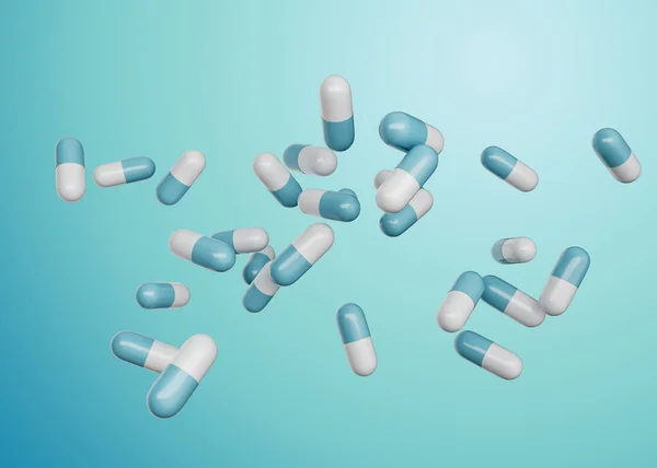 Niebiesko Białe Farmaceutyczne Kapsułki Antybiotykowe Rozproszone Powietrzu Ilustracja — Zdjęcie stockowe