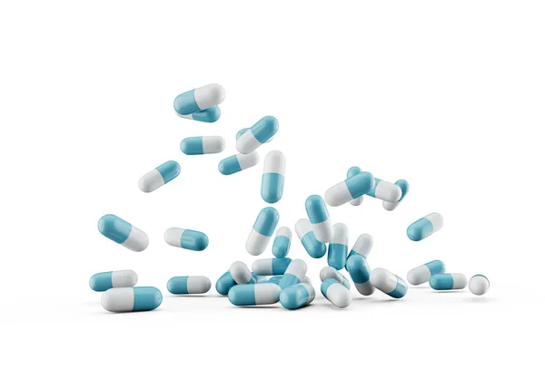 Cápsulas Antibióticas Farmacéuticas Azules Blancas Que Caen Sobre Fondo Blanco — Foto de Stock