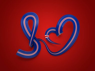 İzlanda 'nın Kalbi' nin 3D Bayrağı Kırmızı Arkaplan 'da Parlak Dalgalı Farkındalık Kurdelesi