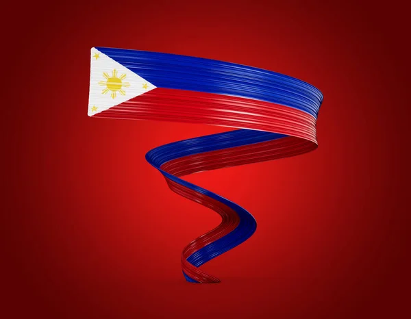 フィリピンの3D旗 赤い背景で分離された3D光沢のある編む旗のリボン 3D図 — ストック写真