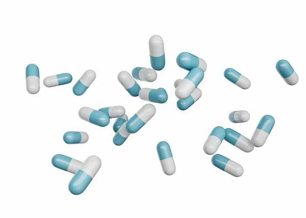 Cápsulas Antibióticas Farmacéuticas Azules Blancas Dispersas Aire Ilustración — Foto de Stock