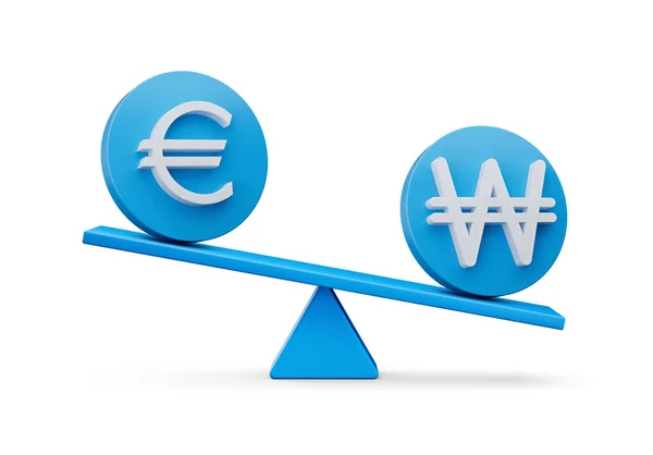 White Euro Won Symbol Rounded Blue Icons Balance Weight Seesaw — 스톡 사진
