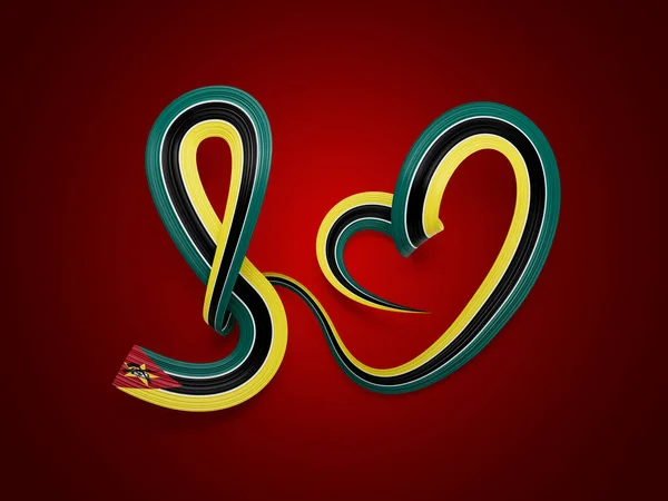 Flag Mozambique Heart Shaped Shiny Wavy Awareness Ribbon Flag Red — Stock Photo, Image