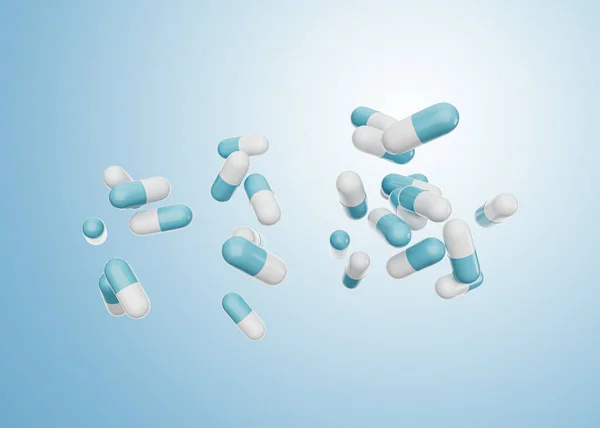 Cápsulas Antibióticas Farmacêuticas Azuis Brancas Que Caem Fundo Azul Macio — Fotografia de Stock