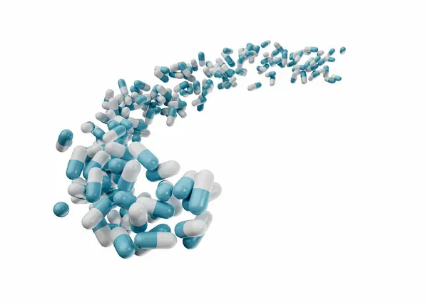 Cápsulas Antibióticas Farmacéuticas Azules Blancas Que Fluyen Aire Ilustración — Foto de Stock