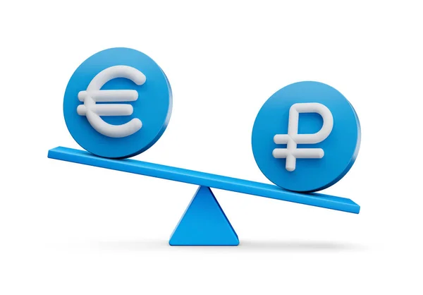 Branco Euro Rublo Símbolo Arredondado Ícones Azuis Com Equilíbrio Peso — Fotografia de Stock
