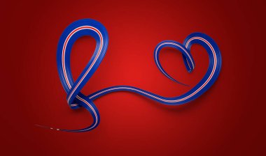 İzlanda 'nın Kalbi' nin 3D Bayrağı Kırmızı Arkaplan 'da Parlak Dalgalı Farkındalık Kurdelesi