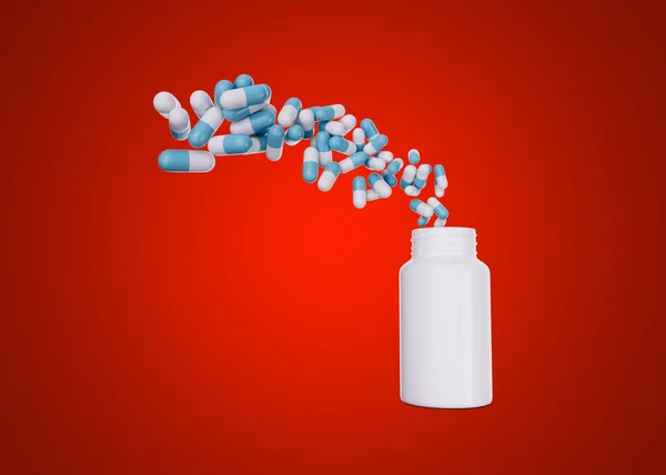 Prázdné Bílé Pilulky Lahvička Antibiotiky Kapsle Létání Vzduchu Červené Pozadí — Stock fotografie