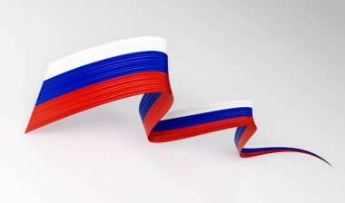 Rusya 'nın 3d Bayrağı 3d Dalgalı Parlak Rusya Kurdelesi Beyaz Arkaplanda, 3d illüstrasyon