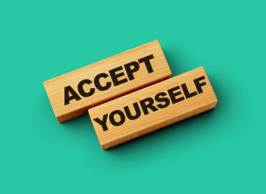 Tahta bloklar kendinizi kabul kelime tecrit arkaplan 3d illüstrasyon