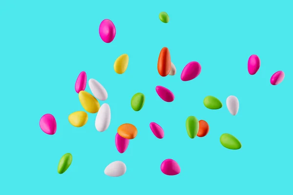Colorful Almond Candies Sugar Coated Almond Candies Falling Blue Background — Stock Photo, Image