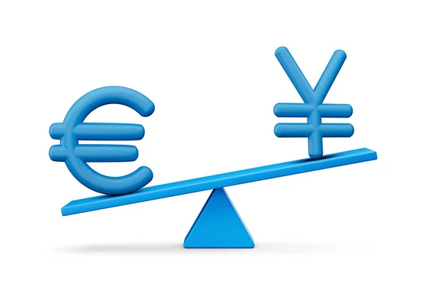 Blauwe Euro Yen Symbool Pictogrammen Met Blauwe Balans Gewicht Seesaw — Stockfoto