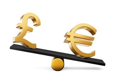 3d Altın Pound ve Avrupa Sembol Simgeleri 3d Siyah Denge Ağırlığı Tahterevallisi, 3d illüstrasyon