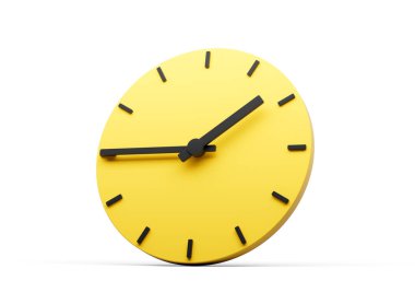 3d Simple Yellow Round Wall Clock 1:45 One Forty Five Quarter To 2 White Background 3d illustration clipart