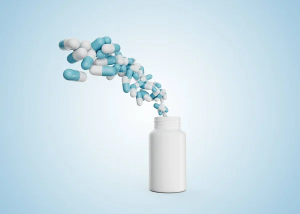Garrafa Branca Vazia Pílula Com Cápsulas Antibióticas Farmacêuticas Que Voam — Fotografia de Stock