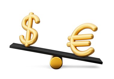 3d Altın Dolar ve Avrupa Sembol Simgeleri 3d Siyah Denge Ağırlığı Tahterevallisi, 3d illüstrasyon