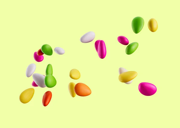 Bunte Mandelbonbons Mit Zucker Beschichtete Mandelbonbons Fallen Auf Gelbem Hintergrund — Stockfoto
