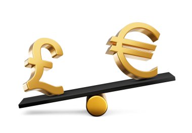 3d Altın Pound ve Avrupa Sembol Simgeleri 3d Siyah Denge Ağırlığı Tahterevallisi, 3d illüstrasyon