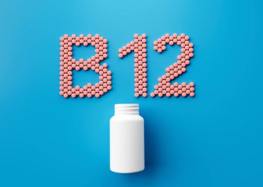 3d Boş Beyaz İlaç Şişesi Yuvarlak vitamin B12 tabletlerinden yapılmış B12 metin 3d İllüstrasyon