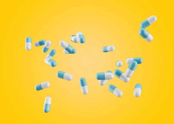 Kék Fehér Gyógyszerkapszula Szétszórva Levegőben Sárga Háttér Illusztráció — Stock Fotó