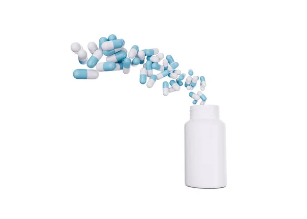 3D空白丸瓶与药物抗生素胶囊在空气中飞行3D说明 — 图库照片