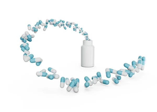 Prázdné Bílé Pilulky Lahvička Antibiotiky Kapsle Létání Přichází Vzduchu Ilustrace — Stock fotografie