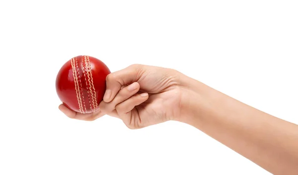 stock image Female Bowler Grip To The Red Test Cricket Ball Closeup Photo Of Female Cricketer Hand About To Bowl