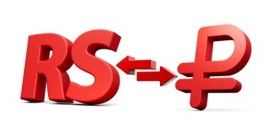 3d Kırmızı Rupiler ve Ruble Sembol Simgeleri Para Takas Oklarıyla Beyaz Arkaplan 3D illüstrasyon