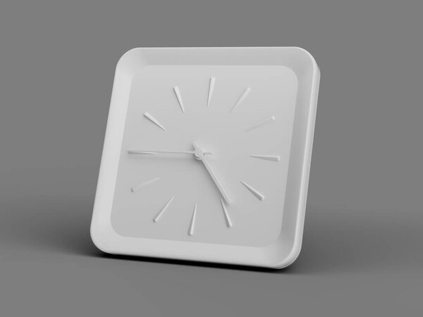 3d Simple White Square Wall Clock 4:45 Four Forty Five Quarter To 5 Grey Background, 3d illustration