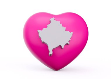 Kosova 'nın 3d' lik Beyaz Haritalı 3d Pembe Kalbi Beyaz Arkaplanda 3 boyutlu illüstrasyon