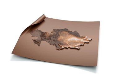 Kazakistan 'ın Eski Tarz Kahverengisi Haritası Açılmamış Harita Kağıt Sayfası Beyaz Arkaplan 3D Görüntü