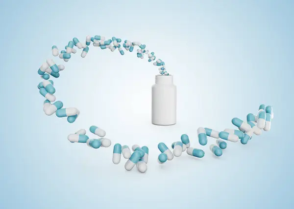 Κενό Λευκό Χάπι Μπουκάλι Αντιβιοτικές Κάψουλες Που Φέρουν Στον Αέρα — Φωτογραφία Αρχείου