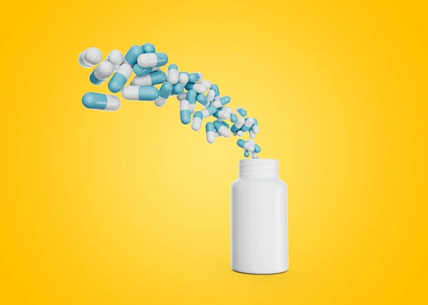 Κενό Λευκό Χάπι Μπουκάλι Αντιβιοτικά Κάψουλες Που Φέρουν Στον Αέρα — Φωτογραφία Αρχείου