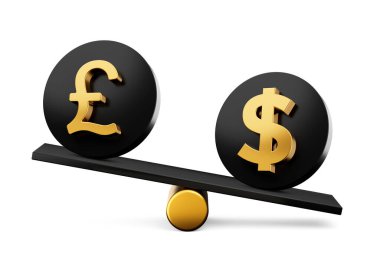 3D Altın Pound ve Dolar Sembolü Yuvarlak Siyah Simgeler 3D Denge Ağırlığı Tahterevallisi, 3D