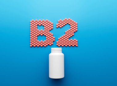 Yuvarlak B2 vitamin tabletlerinden yapılmış B2 metni içeren 3d Boş Beyaz İlaç Şişesi 3d İllüstrasyon