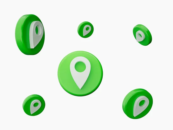 6つの白い位置の空気3Dのイラストの円形の緑のアイコンが付いているピン シンボル — ストック写真